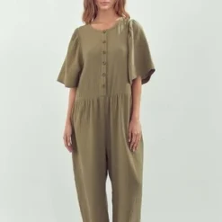 A MenteA Mente Front Button-down Volume Short Sleeve Jumpsuit - Olive