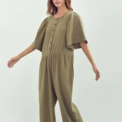 A MenteA Mente Front Button-down Volume Short Sleeve Jumpsuit - Olive -Outlet Lustro Wear Store A Mente Front Button down Volume Short Sleeve Jumpsuit Olive 20220616025303