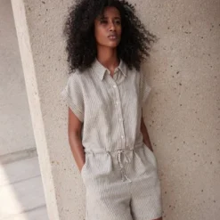 Eve GravelAidan Linen And Tencel Jumpsuit - Striped Natural/Black