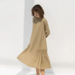 Black CraneGathered Dress - Mocha