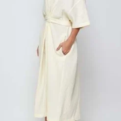 A MenteCotton Gauze Half Sleeve Tie Dress - Cream/Taupe -Outlet Lustro Wear Store Cotton gauze half sleeve tie dress 20220616025327 2