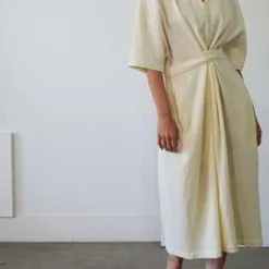 A MenteCotton Gauze Half Sleeve Tie Dress - Cream/Taupe -Outlet Lustro Wear Store Cotton gauze half sleeve tie dress 20220616025328 1