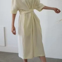 A MenteCotton Gauze Half Sleeve Tie Dress - Cream/Taupe -Outlet Lustro Wear Store Cotton gauze half sleeve tie dress 20220616025328 2