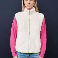 SundryFaux Fur Zipper Vest - Cream/Lime