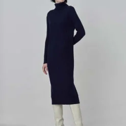 PureCashmere NYCRib Turtleneck Maxi Dress - Navy