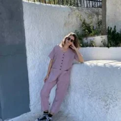 Happy French Ganghappyfrenchgang Short Sleeve Light Jumpsuit - Lavender -Outlet Lustro Wear Store Short Sleeve Light Lavender Jumpsuit XS XL 20231028002549 1