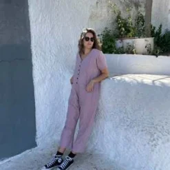 Happy French Ganghappyfrenchgang Short Sleeve Light Jumpsuit - Lavender -Outlet Lustro Wear Store Short Sleeve Light Lavender Jumpsuit XS XL 20231028002549