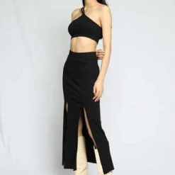 The RangeSlashed Midi Skirt - Jet Black -Outlet Lustro Wear Store Slashed Midi Skirt Jet Black 20220811143549 2