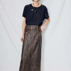Stand StudioLeather Biker Maxi Skirt - Worn Black -Outlet Lustro Wear Store Worn Black Leather Biker Maxi Skirt 20231020001532 2